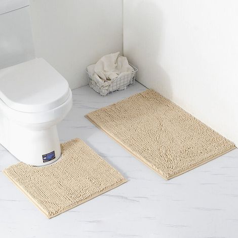 Ensemble de 2 tapis de bain/toilettes, tapis de toilette en chenille épaisse, doux et absorbant, antidérapant, lavable en machine (marron clair) (1/5)