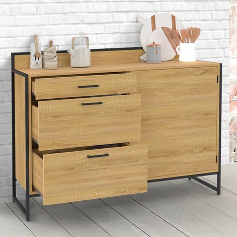 Aparador bajo de cocina 120 cm casserolier DETROIT encimera H.83 cm 1 puerta + 3 cajones diseño industrial