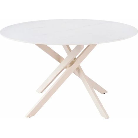 Table ronde D.130 cm céramique blanc marbré pieds crème – POPPY (1/5)
