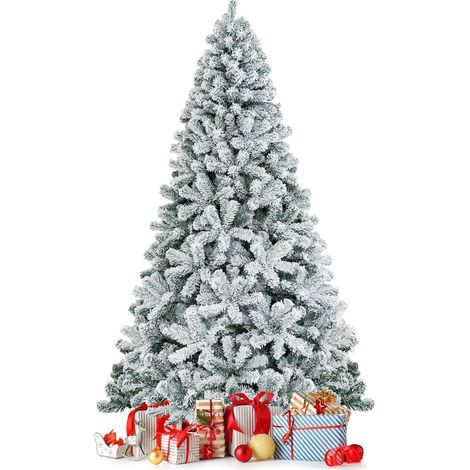 7.5FT Snow Flocked Artificial Christmas Tree Unlit Hinged Xmas Tree W/ 1010 Tips (1/5)