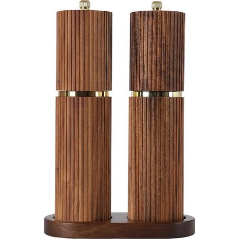 Set di macinapepe e sale in legno, ricaricabile manualmente, regolabile, con vassoio in legno. (1/5)