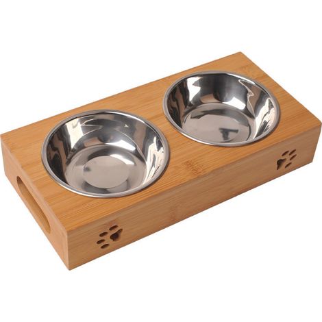 Station d'alimentation pour Chiens personnalisée avec nom – Naturelle  31x15x6cm, surélevée - Mangeoire et Abreuvoir pour Chats  2 gamelles en INOX x 0,35L  Gamelle avec Gravure pour Chat