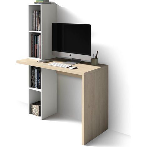 Escritorio modelo 639 de la colección NELLE Roble y Blanco, encimera en cascada y estantería lateral, de Herdasa
