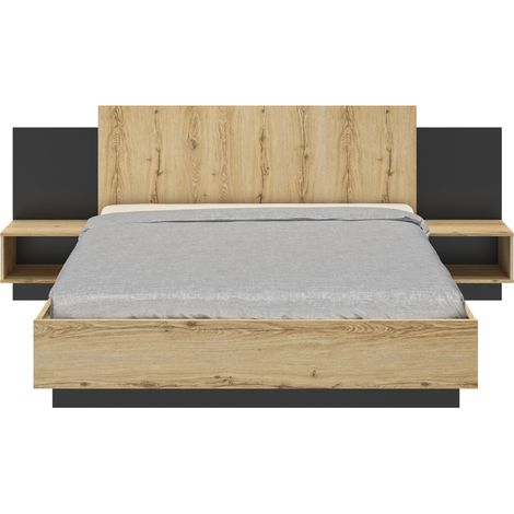 M&S – Lit adulte 160x200 avec chevets lambris – Ceinture de lit épaisse 22mm – Tête de lit avec niches – Coloris chêne Helvezia (1/6)