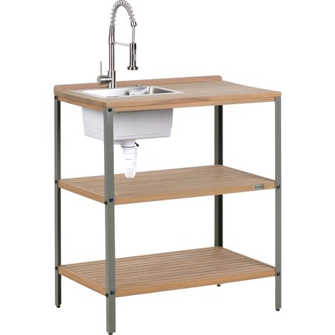 Isla de cocina exterior de madera de acacia con fregadero y 2 estantes 50 x 80 x 92 cm encimera de madera maciza marrón Ivrea (1/5)