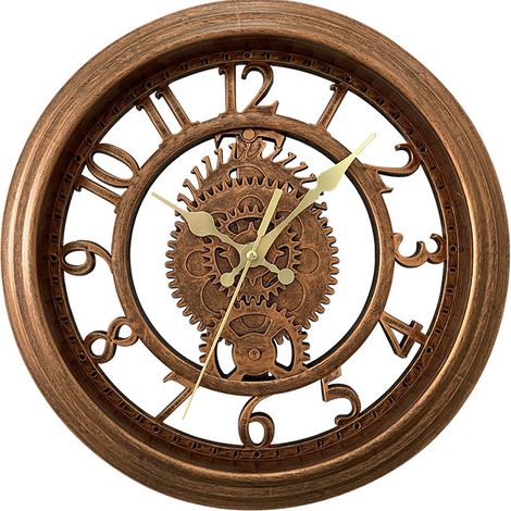Horloge murale vintage 11" Bronze antique, Horloge murale créative creusée, Horloge murale de salon à lumière ronde, style luxe (1/5)