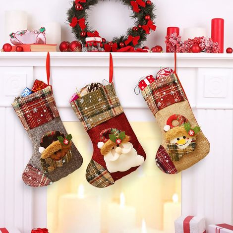 Chaussette De Noël - En Coton Et Lin - Pour Décoration De Cheminée Escalier Arbre De Noël - Lot De 3 (1/5)