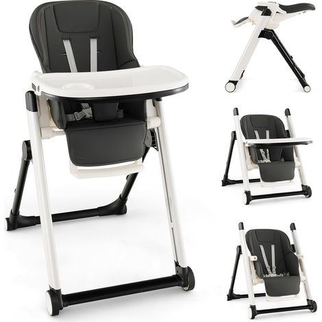 COSTWAY 5 in 1 Hochstuhl klappbar, Babystuhl höhenverstellbar mit verstellbarer Rückenlehne, Füßstütze, Kinderhochstuhl mit 5-Punkt-Gurt, Doppeltablett & feststellbaren Rädern für 6-36 Monaten, Grau (1/5)