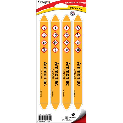 Planche de 4 marqueurs de tuyauterie 250 x 26 mm pour Ø 20 à 50 mm - Ammoniac - 4710341