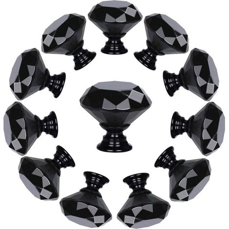Lot de 10 boutons de tiroir en verre cristal en forme de diamant (30 mm, tout noir) Boutons d'armoire Poignées de tirage (1/5)