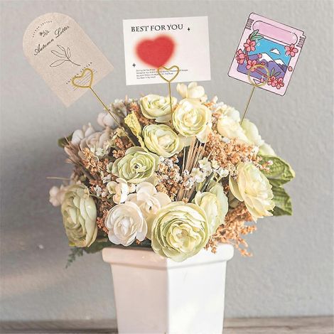 20 Stück goldene Blumenkartenhalter-Stäbchen, Herz, Kreis