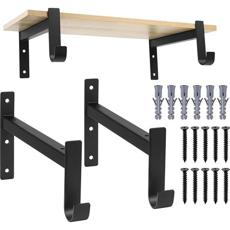 Wall Shelf Brackets, Wall Mount Shelf Brackets, 90 Degree Black Shelf Brackets with Hooks for Living Room Bedroom Shelves (255 mm) (1/5)