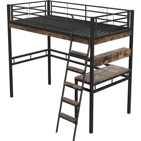 Hochbett 90x200 cm aus schwarzem Metall mit Schreibtisch, Regalen und Leiter MODENUIT (1/5)