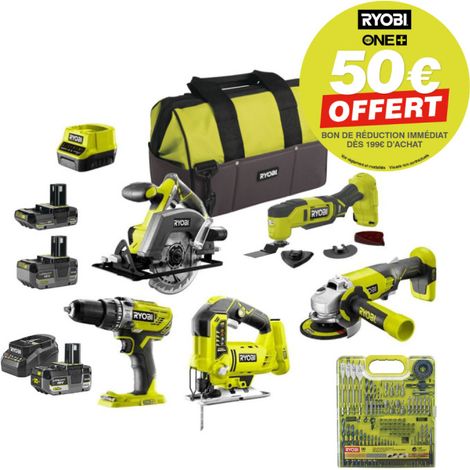 Pack RYOBI complet 5 outils - 2 batteries 4.0Ah et 1 batterie 2.0Ah - 2 chargeurs - Coffret 90 accessoires (1/5)
