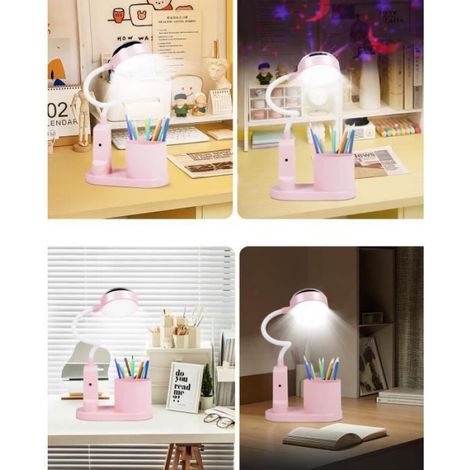 Lampe de bureau enfant - Lampe de chevet avec porte-stylo - Lampe de table ciel avec changement de couleur automatique, Rose (1/4)