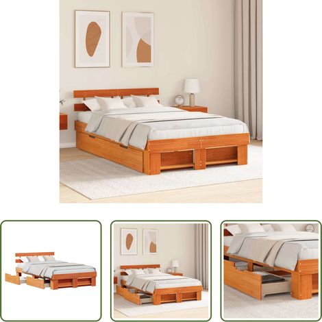 vidaXL Bois de pin - Cadre de lit avec tête de lit Brun cire 135 x 190 cm Pin massif (1/5)