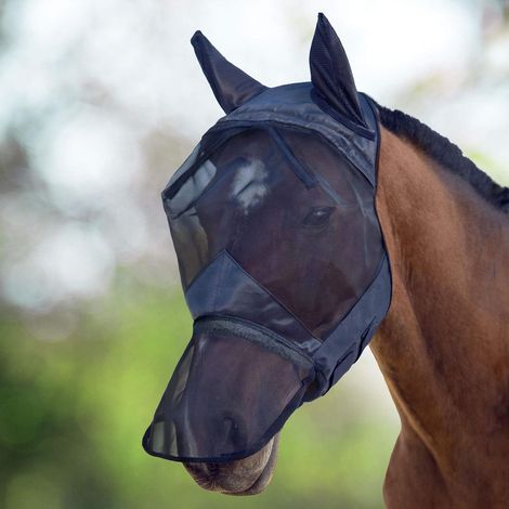 Masque anti-mouches intégral pour cheval Protège visage nez et oreilles Polaire en nylon rembourré Protection UV, Piano Black
