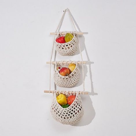 Cesta colgante para frutas, Con 3 niveles, Cestas de pared de yute, Cestas colgantes para frutas y verduras, Cesta de pared, Dormitorio, Blanco (1/5)