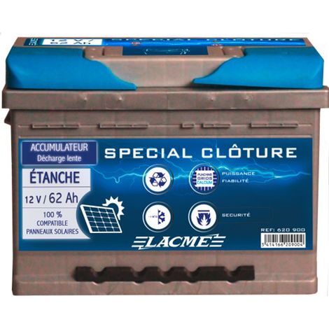 Lacme – Batterie 12V 62Ah pour clôtures électriques – Technologie Pur Calcium – Étanche et recyclable – Décharge lente optimisée