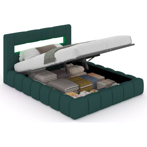 Cama nube LED con arcón 140x190cm terciopelo verde OMAHA