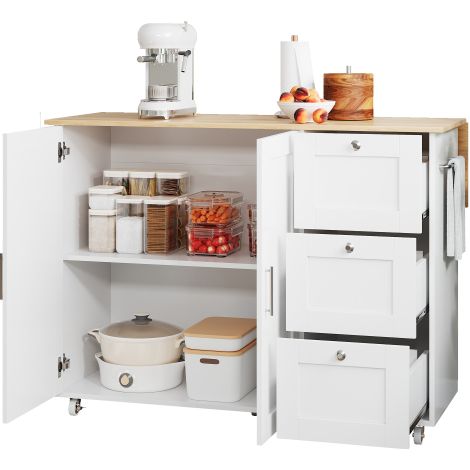 Mobile Kücheninsel mit 2 Türen und 3 Schubladen – 135 x 44/70 x 90 cm – MDF – Ausziehbare Arbeitsplatte – Weiß + Natur