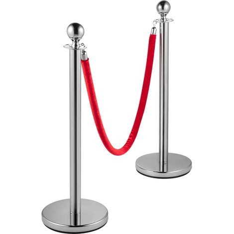 Barrière de sécurité télescopique argentée avec cordon rouge 1,5m pour gestion de file d'attente, poteau rond rétractable, séparateur de foule. (1/5)