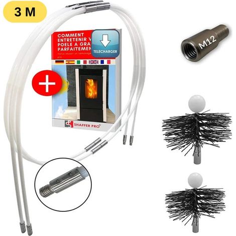 SHAFFER PRO - kit de ramonage poêle pellet 3 mètres - hérisson ramonage 80 mm 100 mm EASYFLEX- 6 cannes de ramonage flexible Adaptateur M12 (3m)