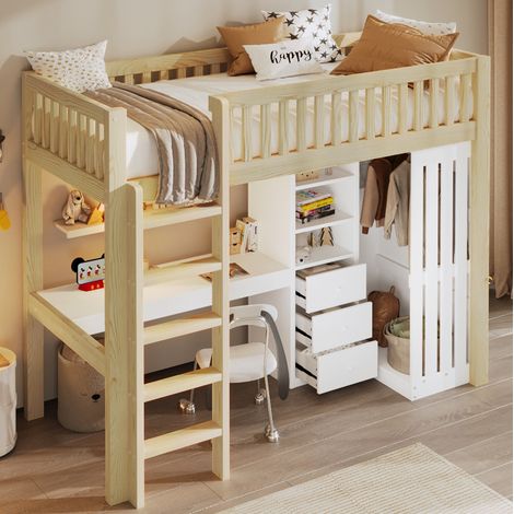 Hochbett 205x102x180 cm Natur Kiefernholz und MDF mit Schreibtisch, Kleiderschrank, Schubladen und Treppe (1/5)