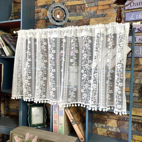 Rideau de Cuisine Court pour Petit Fenêtre Voilage Blanc Broderie Florale Dentelle Voile Transparent Demi Rideau Brise-bise Rideaux à Disques Rideaux à étages Passe-Tringle Bistro Café (1/5)
