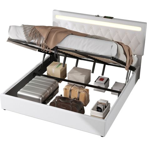 Lit coffre 180x200, lit double capitonné blanc avec éclairage LED multicolore, ports USB et grand espace de rangement sous sommier (1/5)