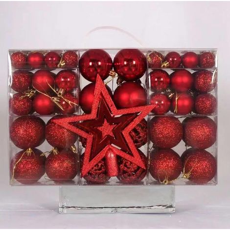 Lot de 101 décorations de sapin de Noël - Étoile à paillettes et 100 boules avec emballage - Décoration de Noël pour l'intérieur et l'extérieur - Barres de traction en plastique - rouge- Taille (1/4)