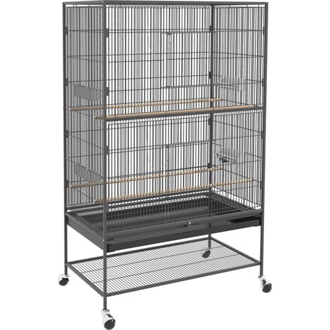 Gabbia per uccelli con posatoi e ripiano, 94 x 57 x 153 cm, grigia, con porte e ruote (1/4)