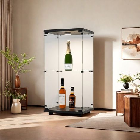 LED Vitrine Schrank - Glas Lager Vitrine - Vitrine 40.35x36.5x86 cm - Sicherheitsglas - 1 Tür 2 Etagen aus Glas - Schwarz