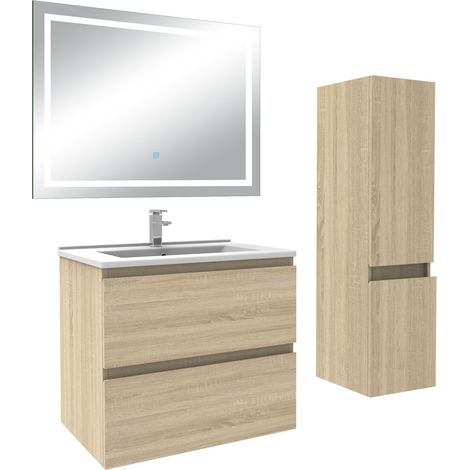 Aica Ensemble meuble Salle de Bain 60cm simple vasque avec Colonne et Miroir LED 3 Couleurs Chêne Naturel