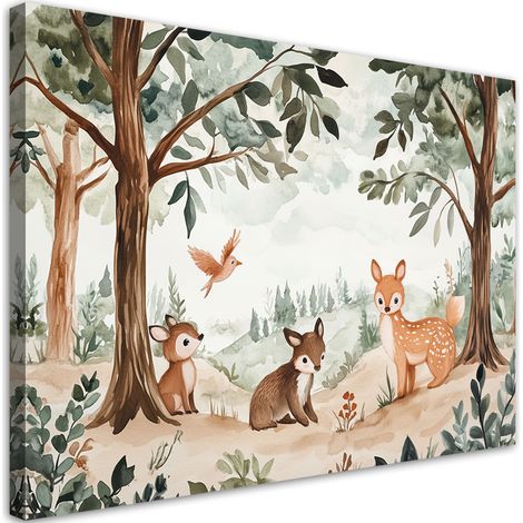 Stampa su tela per bambini, Cerbiatto Uccello Animali della foresta Beige - 60x40 (1/3)