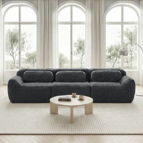 Divano modulare 3 posti in tessuto plush grigio, senza montaggio, base antiscivolo