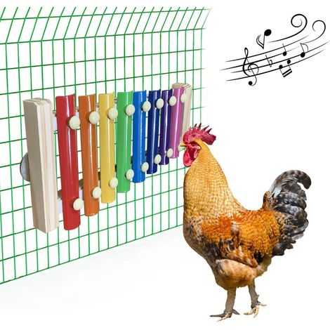 Xylophone jouet pour poules, xylophone en bois avec 8 touches métalliques, accessoire de jeu interactif à fixer au mur pour poulailler, fournitures de divertissement pour volailles de jardin (1/4)