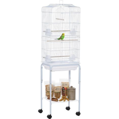 Cage à oiseaux sur pied avec toit ouvrant et roulettes - Volière intérieure avec perchoirs et mangeoires - 157 cm - Blanc (1/5)