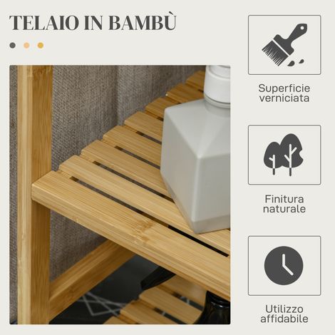 Panier linge en bambou/polyester, étagère 3 niveaux avec planche repasser intégrée, 113x34x82 cm (1/5)