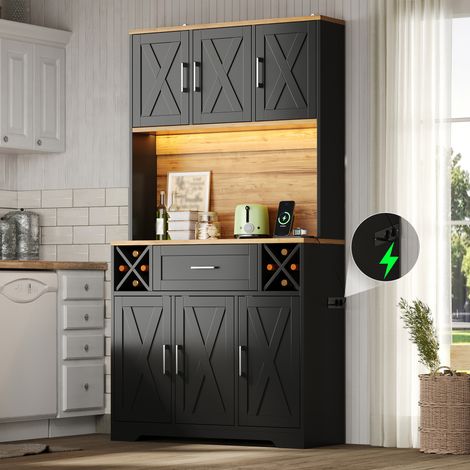 Armario Alto de Cocina con Cajón, Botelleros Extraíbles, LED RGB y Enchufes, MDF Natural y Negro, 105×40×180 cm (1/5)