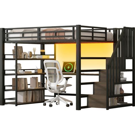 Lit mezzanine métallique 140x200 cm avec escalier, bureau intégré et rangements – Noir (1/5)