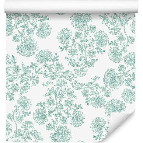 Papier peint fleuri blanc, menthe et gris clair pour salon et chambre 50x1000 cm (1/5)