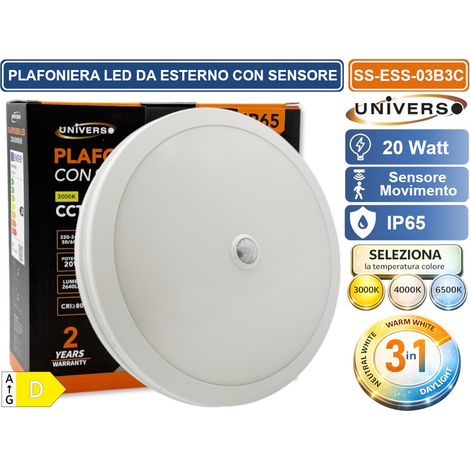 UNIVERSO SS-ESS-03B3C PLAFONIERA SMD LED CIRCOLARE 20W CON SENSORE DI MOVIMENTO E SWITCH CCT PER SELEZIONE LUCE 3000K/4000K/6500K IP65 DA ESTERNO (1/5)
