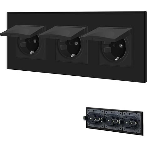 Prise 3 Compartiments Avec Couvercle Étanche - Schuko Avec Borne Enfichable - Murale Encastrée Avec Plaque en Verre Cristal - 16 A - 228 mm - Noir (1/5)