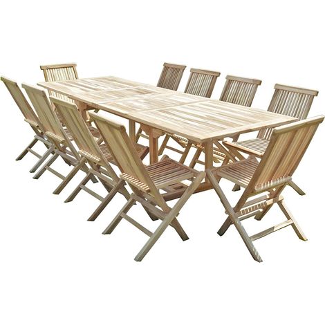 C&L Jardin – Ensemble table et chaises de jardin en teck massif – 10 places – Table extensible 180/280 x 90 x 75 cm – Chaises pliantes avec trou parasol (1/5)