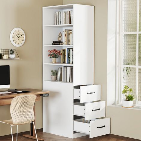 Bibliothèque étroite 60×38×180cm hauteur 180cm, étagères réglables, tiroirs latéraux modulables pour salon et petite pièce, blanc (1/5)