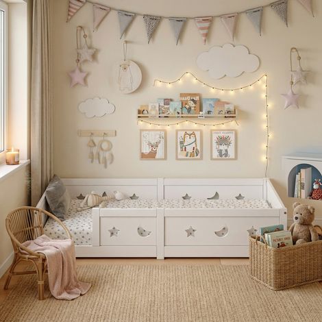 JOOKGBD- Kinderbett 90x200 cm, ausziehbares Montessori Bodenbett aus massivem Kiefernholz, Babybett und Jugendbett mit Rausfallschutz, Sterne und Mond Motiv, Weiß