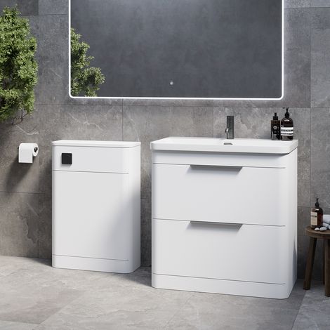 Oslo Gloss White 1350mm Wall Mounted Vanity Unit Toilet Suite with Fina Basin - 1350mm - Gunmetal Grey 300mm Finger PullWithout Jubilee Toilet Pan