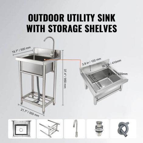 Évier inox professionnel 1 bac sur pieds avec robinet et pieds 40,6x33x22,1 cm lavabo acier inoxydable garage restaurant cuisine buanderie certifié NSF (1/5)