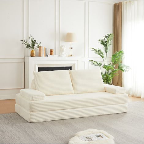 Canapé convertible 211 cm en velours côtelé beige, sofa modulaire avec dossier triangulaire et accoudoirs réglables, couchage d’appoint polyvalent pour salon moderne - CHICFURN (1/5)